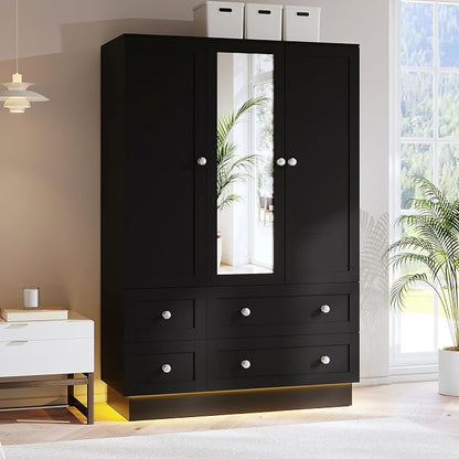 VOWNER Wardrobe Closet with 3 Doors Bedroom Armoire with Mirror & 4 Drawers | Large Capacity Storage Closet with LED Light and Hanging Rod for Bedroom, Black 47" L