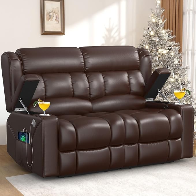 RV Loveseat Recliner Sofa, PU Leather RV Reclining Loveseat with USB Charge Ports, Cup Holders, 2 Seater Manual Pull Tab Recliner Sofa Couches for Living Room/RV, Brown