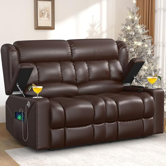 RV Loveseat Recliner Sofa, PU Leather RV Reclining Loveseat with USB Charge Ports, Cup Holders, 2 Seater Manual Pull Tab Recliner Sofa Couches for Living Room/RV, Brown