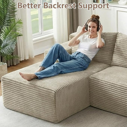 96" Cloud Sectional Couch U-Shaped Chaise with Ottoman, Corduroy Boneless Couch for Living Room Bedroom, Deep-Seat Upholstered Modular Cloud Sofa, No Assembly Required (Camel, Left Facing Chaise)