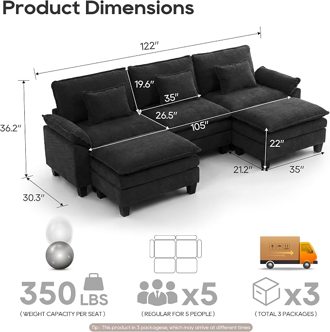 URRED Oversized Modular Sectional Sofa, 122" U Shaped Modern Comfy Cloud Couch with Movable Ottoman & Pillows, Deep Seat Couches for Living Room, Bedroom or Apartment (Corduroy Black, 122" U Shaped)