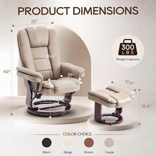 Swivel Recliner Chair with Ottoman Reclining Lounge Sofa Footrest, Set of 1 | 360°Sturdy Wood Base, Soft PU Leather, Upholstered Ultra-Plush Foam, Modern Armchair, Living Room Bedroom Office Reading Home