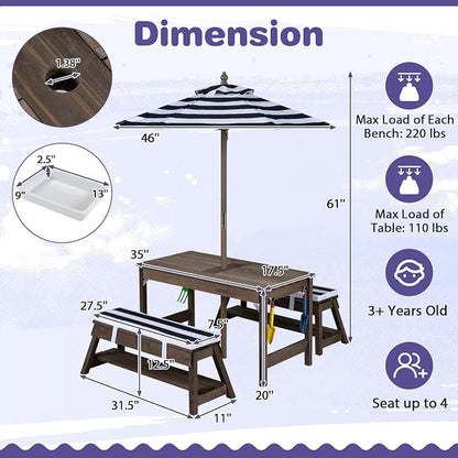 HONEY JOY Kids Picnic Table, 4 in 1 Fir Wood Toddler Sand & Water Table w/Removable Box & Umbrella, Waterproof Cover, Garden Tools, Children Outdoor Table and Bench Set with Cushions (Blue)