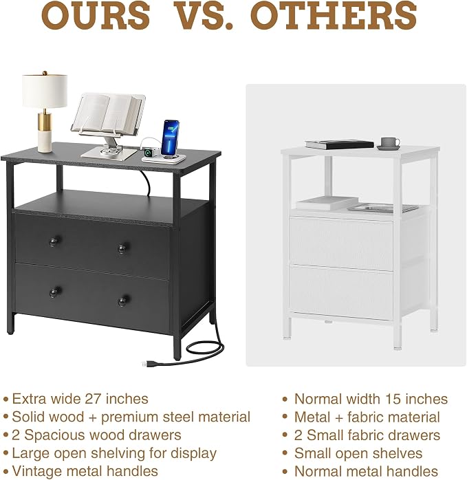 Edbuosy 27 inch Wide Night Stand with Charging Station, Bedside Table with Open Shelf, 2 Drawers Small Wood Dresser, Modern Wood Nightstand for Bedroom/Living Room, Black