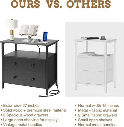 Edbuosy 27 inch Wide Night Stand with Charging Station, Bedside Table with Open Shelf, 2 Drawers Small Wood Dresser, Modern Wood Nightstand for Bedroom/Living Room, Black