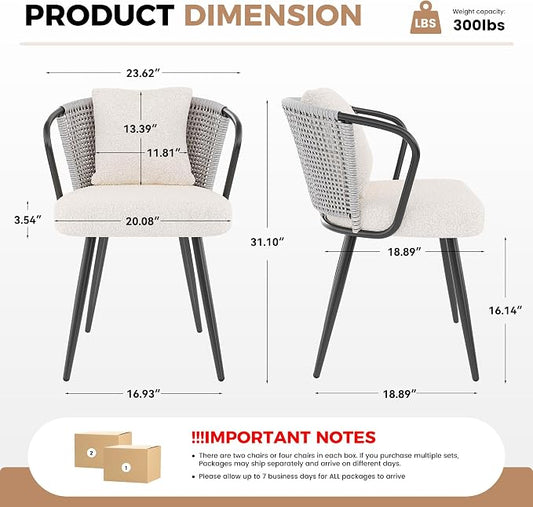 Modern Rattan Dining Chairs Set of 6, Upholstered Kitchen Chair with Metal Legs, Ergonomic Curved Backrest, Mid Century Living Room Chairs with Throw Pillow for Home, Light Grey