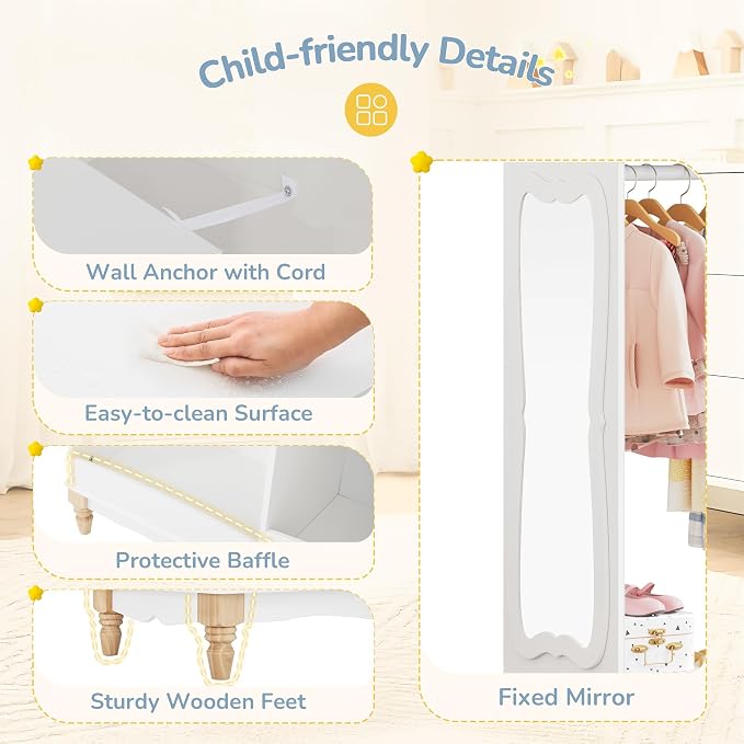 Curipeer Kids Dress Up Storage with Flower Mirror & Wood Legs, Open Hanging Closet Wardrobe for Children, Kids Armoire & Costume Organizer for Bedroom Playroom Preschools Classroom, White