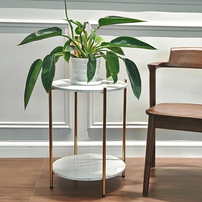 Set of 2 Small Round Side Tables, 2-Tier Faux Marble Gold End Tables | Modern Accent Furniture for Couch, Living Room or Bedroom, Space-Saving Nightstand Design