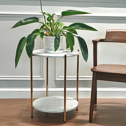 Set of 2 Small Round Side Tables, 2-Tier Faux Marble Gold End Tables | Modern Accent Furniture for Couch, Living Room or Bedroom, Space-Saving Nightstand Design