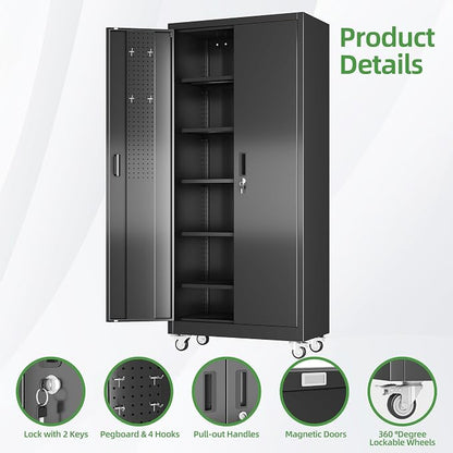 Reemoon 71" H Garage Storage Cabinets with 5 Adjustable Shelves and Door Pegboard,Metal Storage Cabinets with Wheels for Garage Home,Required Assembly,Black