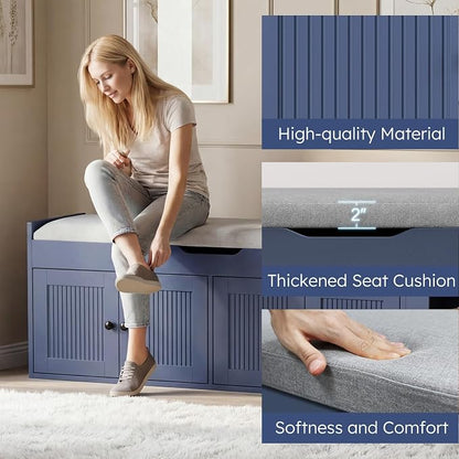47.2" Storage Bench - Entryway Shoe Bench with Side Storage Shelves and 4 Doors, Multifunctional Entryway Bench with Lift Top Cushion, Shoe Storage Bench for Bedroom, Living Room, Navy Blue