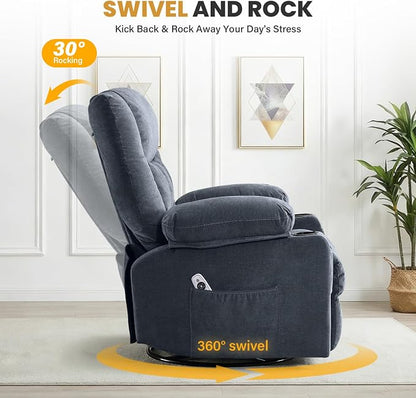 Swivel Recliner Chair for Adults with Vibration Massage and Lumbar Heat , Oversized Ergonomic Rocking Chair for Living Room and Bedroom, Featuring Side Pocket, 2 Cup Holders & USB Charge Port