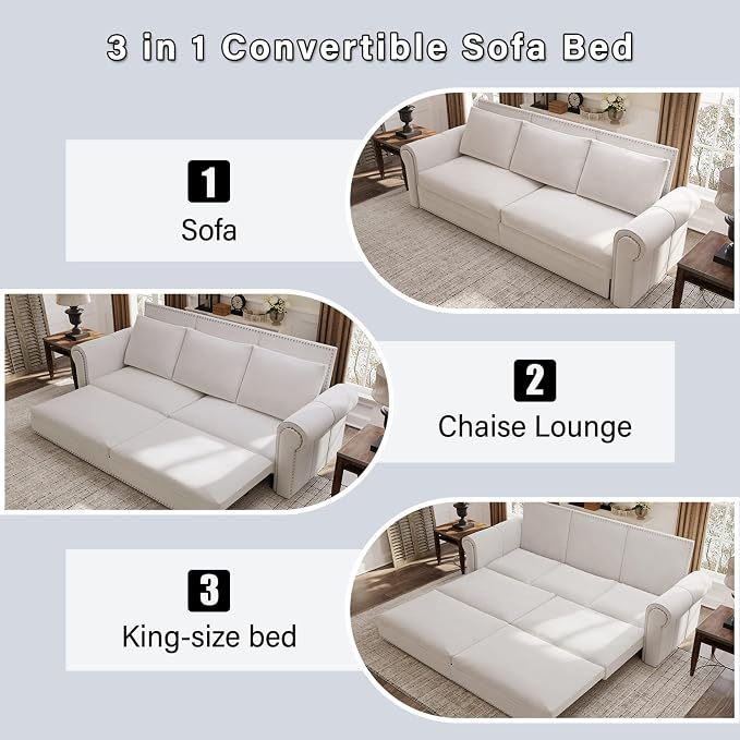 93.7" King Size Sleeper Sofa Bed, Pull Out Sofa Bed, Velvet Upholstery, 3 in 1 Convertible Sleeper Couch, Chaise Lounge, Retro Recliner for Living Room, Office, Apartment, Beige