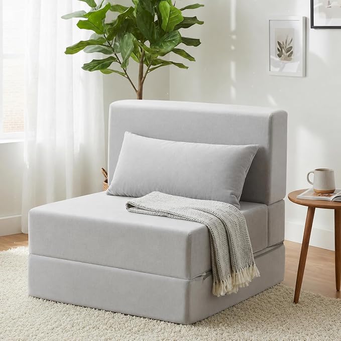 Folding Sofa Bed, Convertible Sleeper Chair with Pillow, Foldable Mattress & Back Support, Portable Floor Lounger Futon for Apartment, Dorm, Living Room, Bedroom (Gray)