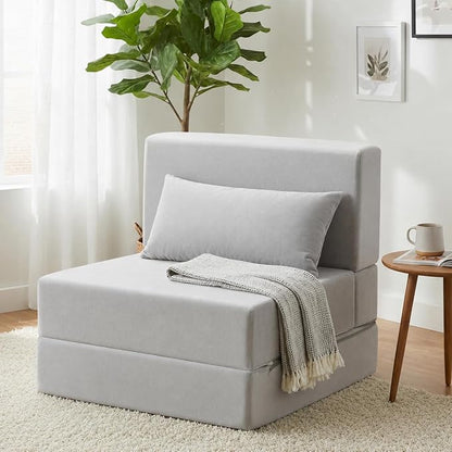 Folding Sofa Bed, Convertible Sleeper Chair with Pillow, Foldable Mattress & Back Support, Portable Floor Lounger Futon for Apartment, Dorm, Living Room, Bedroom (Gray)