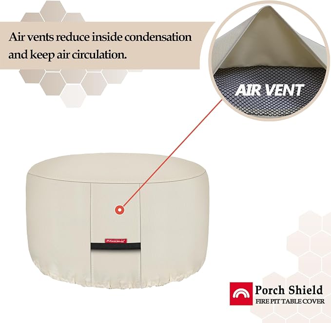 Porch Shield Fire Pit Cover - Waterproof 600D Heavy Duty Fade Resistant Round Patio Fire Bowl Cover Beige - 42 inch