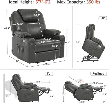 MCombo Oversized Power Lift Recliner Chair for Elderly, Lift Chair with Heat and Massage for Big and Tall, USB&Type C Ports, Cup Holders, Faux Leather R7510 (Grey, Large-Wide)