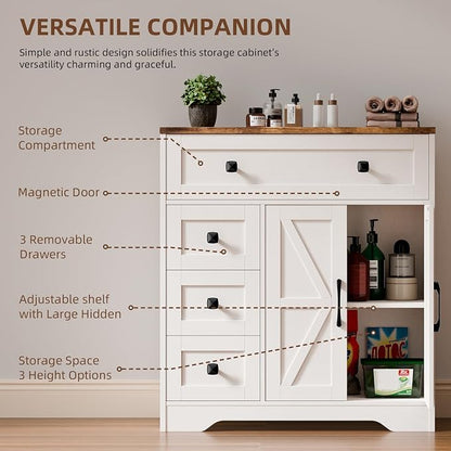 Vabches Farmhouse Storage Cabinet with 2 Doors and 4 Drawers, Freestanding Bathroom Storage Cabinet Kitchen Pantry, Floor Hutch Cupboard for Living Room/Bathroom/Kitchen.(Antique White
