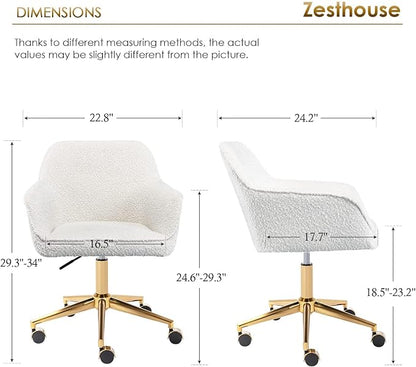 Zesthouse Modern Desk Chair with Wheels, White Swivel Vanity Chair for Girls Women, Upholstered Home Office Chair Boucle Armchair for Bedroom, Height Adjustable Computer Task Chair, Gold Base