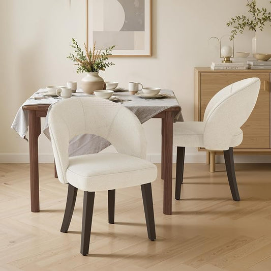 Dining Chairs Set of 2, Mid Century Modern Dining Chairs with Solid Wood Legs, Curved Back Kitchen Chair Farmhouse Side Upholstered Chairs for Kitchen Dining Room, White