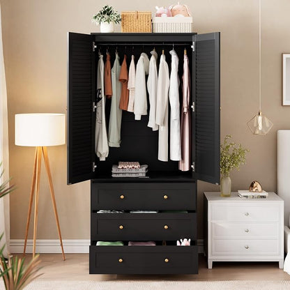 Garvee 70" Wardrobe Armoire Wooden Closet with 2 Doors and 3 Drawers, Bedroom Armoire with Hanging Rod Shelf, Large Capacity Storage Wardrobe Armoire, Freestanding Wooden Closet Storage Cabinet
