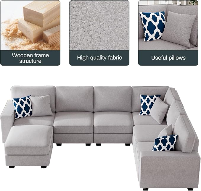Legend Vansen Oversized Modular Sectional Sofa,U/L‑Shaped Reversible Couch with Ottoman,Deep Seat Plush Polyester Sofa for Living Room,7‑Seater,Light Grey