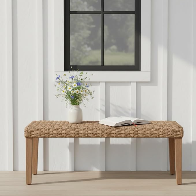 Outdoor Backless Bench, All-Weather Wicker & Solid Acacia Wood, Premium Garden Bench with Woven Rattan Seat and Thick Outdoor Cushion for Patio, Porch, Living Room or Entryway (Natural, PE Wicker)