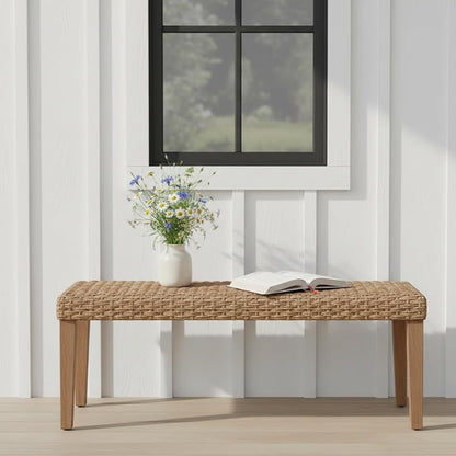 Outdoor Backless Bench, All-Weather Wicker & Solid Acacia Wood, Premium Garden Bench with Woven Rattan Seat and Thick Outdoor Cushion for Patio, Porch, Living Room or Entryway (Natural, PE Wicker)