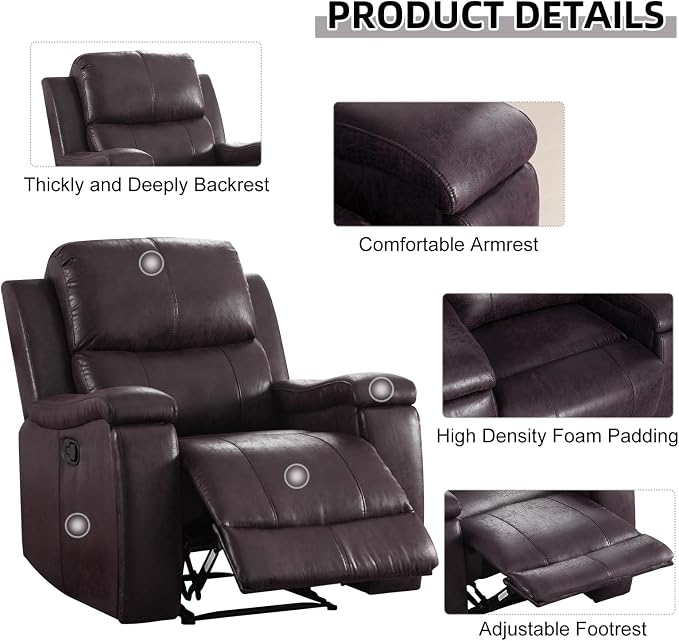 CANMOV Manual Recliner Chair Set of 2, Classic Faux Leather Recliner Chair with Overstuffed Arms and Back, Manual Single Sofa with Concealed Cup Holders, Dark Brown