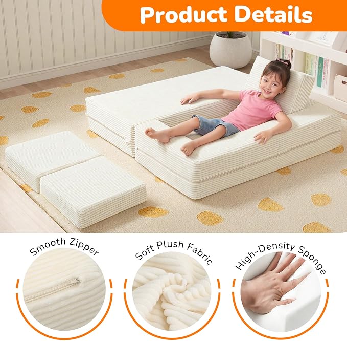 MeMoreCool Modular Kids Couch, Corduroy Play Toddler Couch for Bedroom Playroom Furniture, Convertible Foam Kids Sofa Bed, Fold Out Baby Sofa for Girl Boy, Beige