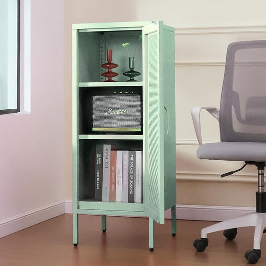 Slim Metal Storage Cabinet with Mesh Doors - 42'' Tall Narrow Organizer Tower, Compact Freestanding Cabinet, Versatile Utility Storage for Home, Office, Kitchen, Living Room, Durable and Modern Design