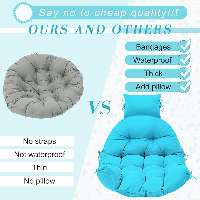 Tudomro Waterproof Egg Chair Cushion with Pillow Filling 2.58 kg Replacement Rocking Wicker Chair Cushion 48" x 32" High Back Hanging Swing Hammock Pad Thicken for Outdoor Patio Garden(Lake Blue)