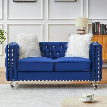 60" Chesterfield Sofa, Velvet Mid-Century Modern Upholstered Loveseat Sofa with 2 Throw Pillows and Acrylic Legs, Nailhead Button Tufted Vintage Couch for Living Room, Apartment, Blue