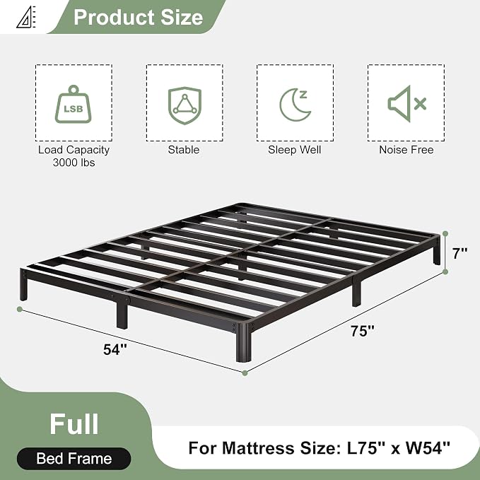 Lutown-Teen 7 Inch Low Profile Full Size Bed Frame with Rounded Corner Legs, 2000 LBS Heavy Duty Metal Full Platform Bed Frame No Box Spring Needed, Easy Assembly, Black