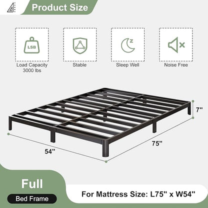 Lutown-Teen 7 Inch Low Profile Full Size Bed Frame with Rounded Corner Legs, 2000 LBS Heavy Duty Metal Full Platform Bed Frame No Box Spring Needed, Easy Assembly, Black