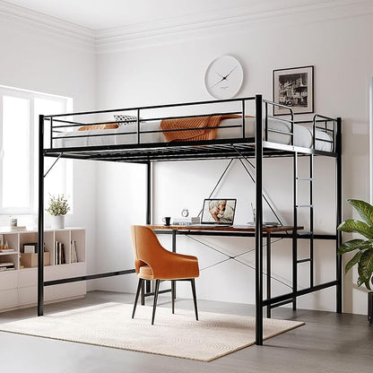 VINGLI Queen Loft Bed with Flat Rungs for Adults, Kids and Young Teens, No Box Spring Required,Heavy Duty Metal Slat Support, Black