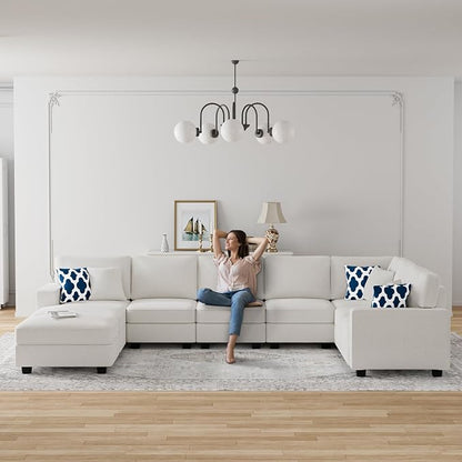 Legend Vansen Oversized Modular Sectional Sofa,U/L‑Shaped Reversible Couch with Ottoman,Deep Seat Plush Polyester Sofa for Living Room,9‑Seater,Cream