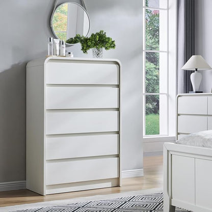 Aitjunz Modern 5 Drawers Dresser for Bedroom, 45" Tall Dressers & Chests of Drawers w/Curved Profile Design, Wood Mid Century Vertical Dresser w/Natural Texture for Bedroom, Living Room, Antique White