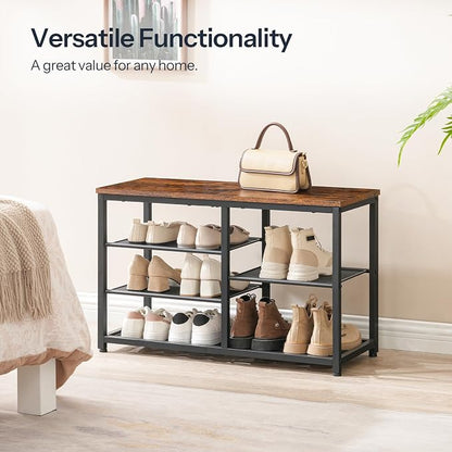 HOOBRO Shoe Bench, 5-Tier Shoe Rack Bench with Mesh Shelves, Shoe Organizer, Industrial Shoe Storage Bench for Entryway, Easy Assembly, 11 x 31.5 x 19.7 Inches, Rustic Brown and Black BF36HX01