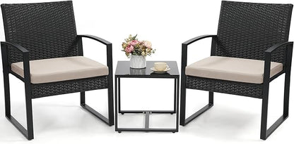 Murago 3 Piece Wicker Patio Bistro Set, Rattan Conversation Set with Coffee Table, for Balcony, Porch, Garden, Yard, Poolside, Black Frame with Beige Cushion