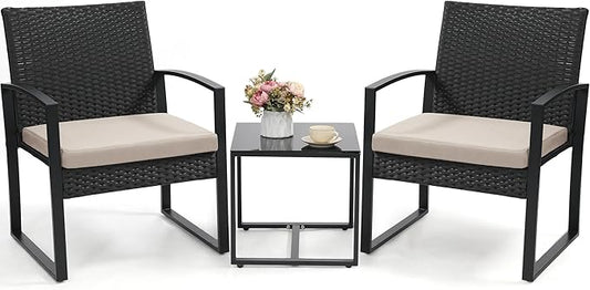 Murago 3 Piece Wicker Patio Bistro Set, Rattan Conversation Set with Coffee Table, for Balcony, Porch, Garden, Yard, Poolside, Black Frame with Beige Cushion
