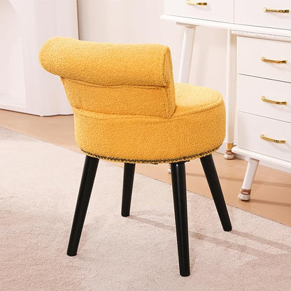 Vanity Chair with Back, Sherpa Stool with Tufted Backrest & Gold Nailhead Trim, Round Vanity Seat for Bedroom and Bathroom Makeup, Support 220lbs, Easy Assembly (Yellow)