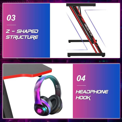 BestOffice Gmaing Desk Z Shaped 47 inch PC Computer Desk Computer Workstation Ergonomic Gaming Table with Headphone Hook for Game Players, Red
