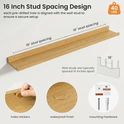 Axeman Picture Ledge Shelf | 40 Inch Floating Shelves Set of 4 | Oak Wall Shelves with Lip | Oak Picture Shelf for Wall with Ledge | Wood Photo Ledges for Living Room Bedroom