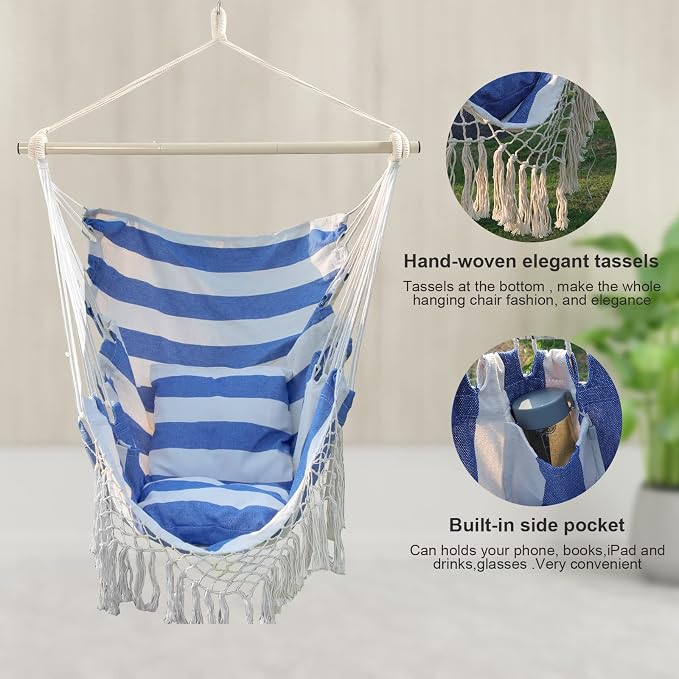 YAERSI Hammock Chair, Hanging Rope Swing Seat with 2 Cushions,Macrame Hanging Chair Side Pocket with High Load-Bearing Metal Rod,for Indoor, Outdoor, Extra Comfortable