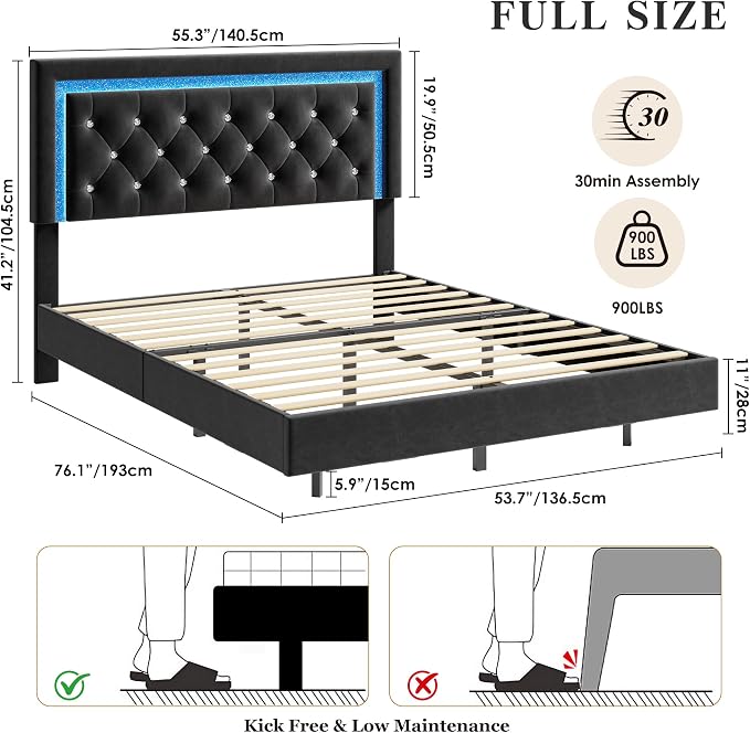 Garvee Floating Bed Frame Full Size with Smart Led Lights, Upholstered Platform Bed with Diamond Headboard, Solid Wood Slats Support, No Box Spring Needed, Noise-Free, Easy Assembly, Black