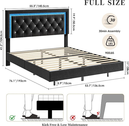 Garvee Floating Bed Frame Full Size with Smart Led Lights, Upholstered Platform Bed with Diamond Headboard, Solid Wood Slats Support, No Box Spring Needed, Noise-Free, Easy Assembly, Black