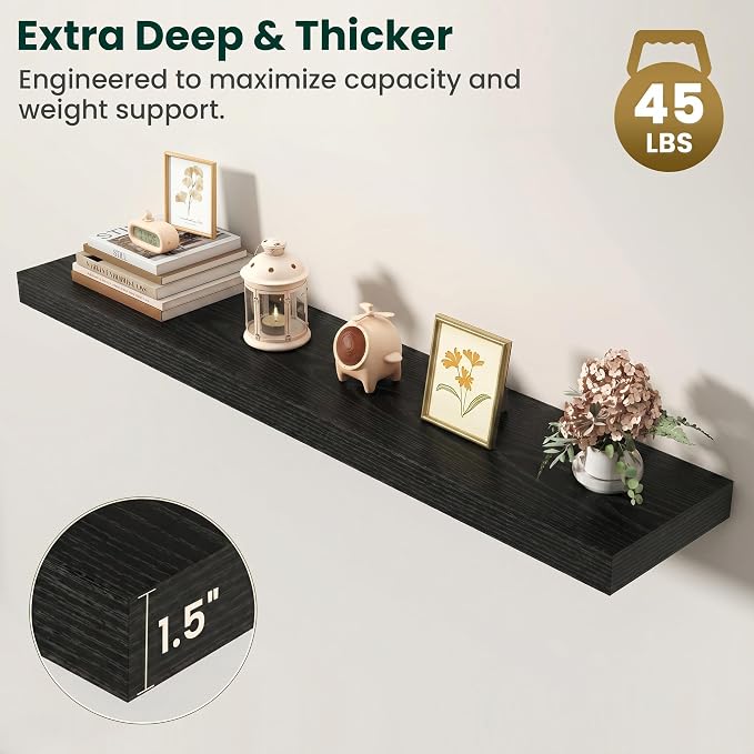 Floating Shelves for Wall, 48 Inch x 8 Inch Deep Wall Mounted Wood Shelf with Invisible Brackets for Storage & Display, Living Room Bedroom Kitchen, Black, Set of 2