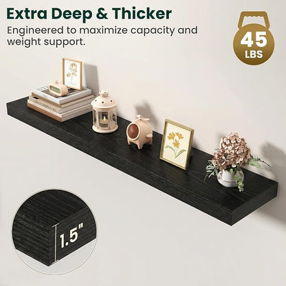 Floating Shelves for Wall, 48 Inch x 8 Inch Deep Wall Mounted Wood Shelf with Invisible Brackets for Storage & Display, Living Room Bedroom Kitchen, Black, Set of 2