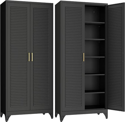 SteeLoong Kitchen Pantry Cabinet,75" Metal Storage Cabinet with Doors and 5 Adjustable Shelves,Black Tall Locker Organizer Steel Garage Cabinets for Tool,File Cabinet for Office,Kitchen,Garage,School